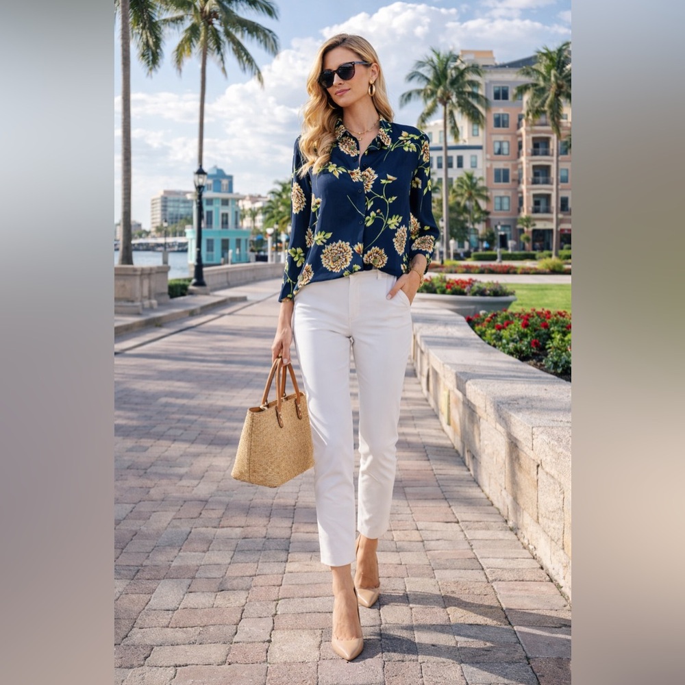 CAbi Navy Floral Chiffon Button-Front Blouse Long Sleeve